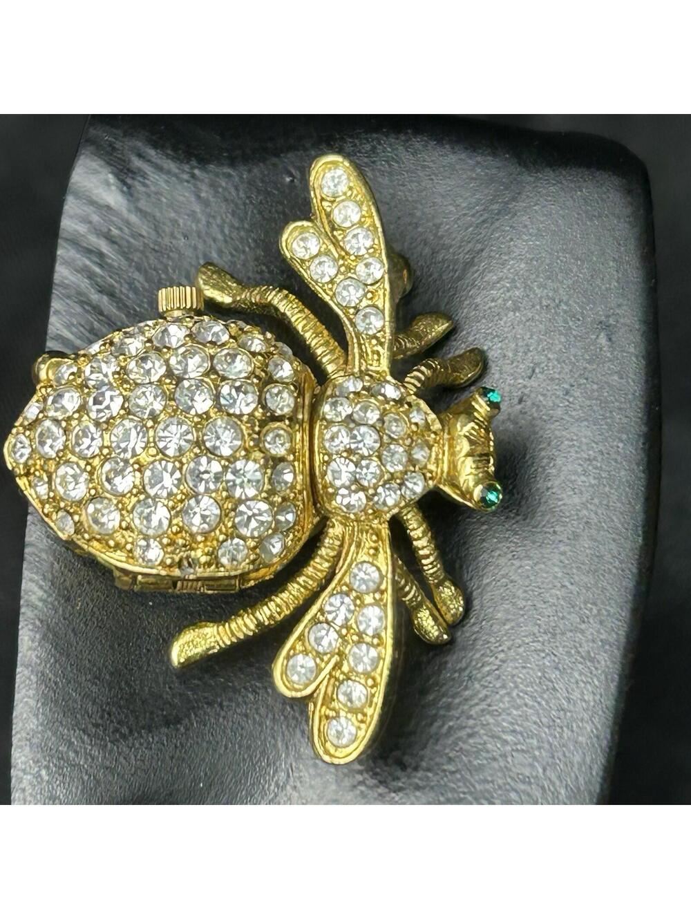 VTG Joan Rivers Crystal Pave Bumble Bee Watch Brooch Pin Gold Tone NEEDS BATTERY